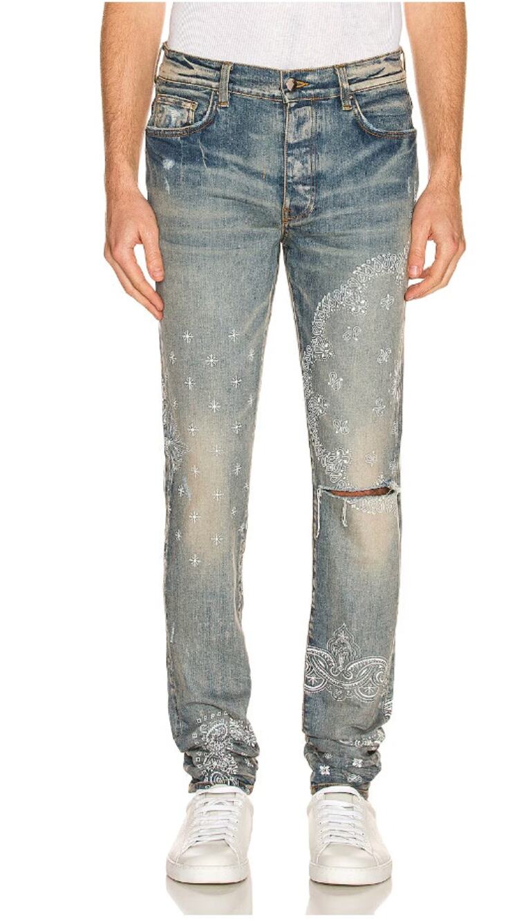 Amiri Jeans Mens 32 Screen Print Bandana Denim in Clay Indigo Distressed Slim